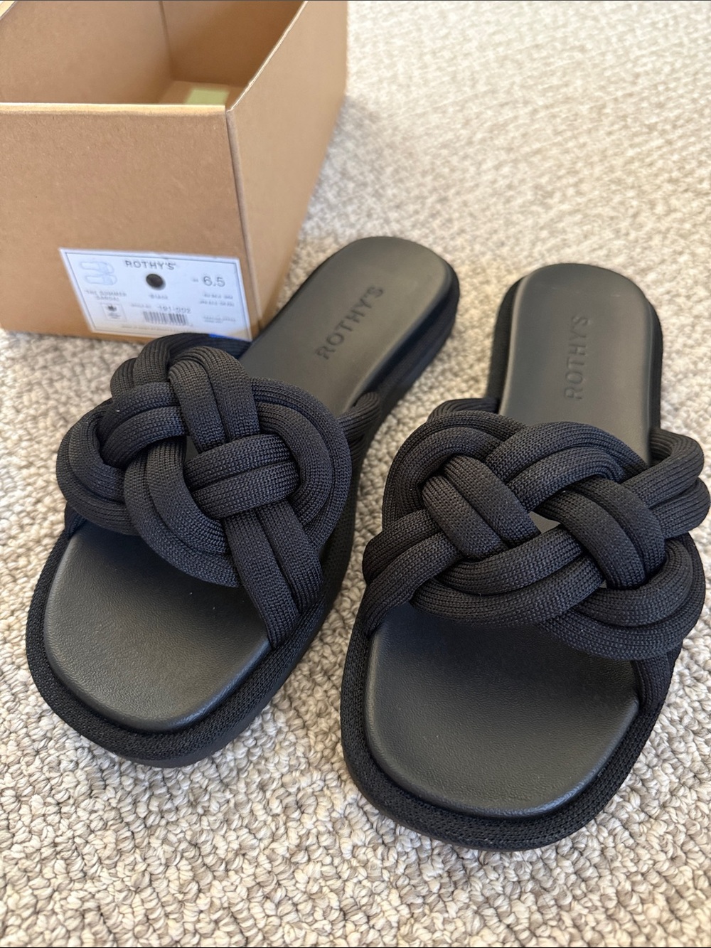 New Rothy Black Summer Sandals Slides Shoes Braided Knots 6.5